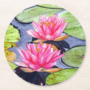 Vibrant Water Lilies on Tranquil Pond Round Paper Coaster
