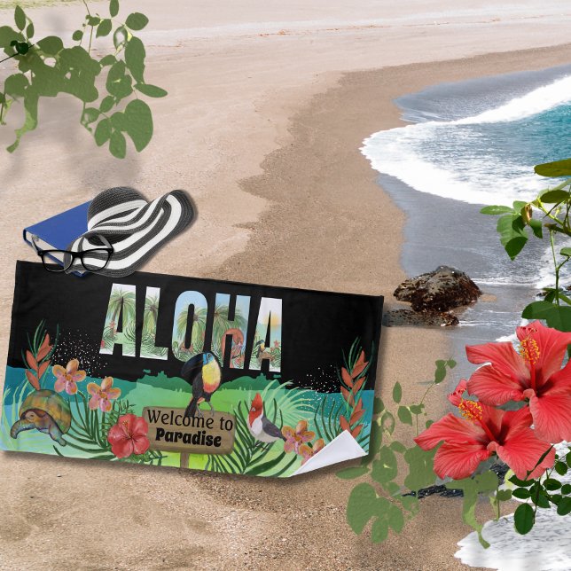 Vibrant Watercolor Aloha Tropical Paradise Beach Towel (Vibrant Watercolor Aloha Tropical Paradise Beach Towel )