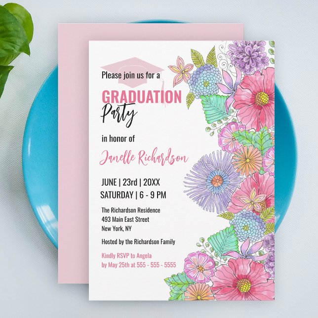 Vibrant Watercolor Blooms and Greenery Graduation Invitation (Creator Uploaded)