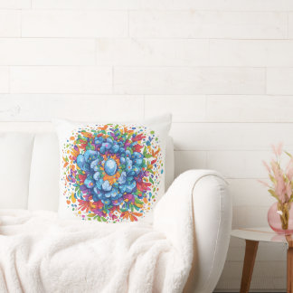 Vibrant Watercolor Blue Floral Bouquet Cushion