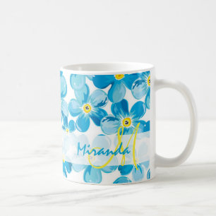Vibrant watercolor blue forget me not flowers name coffee mug