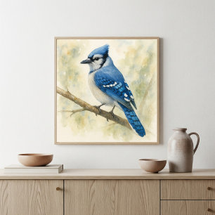 Vibrant Watercolor Blue Jay on Branch Poster