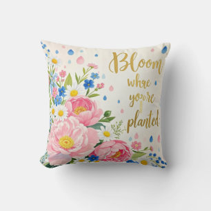 Vibrant watercolor bouquet of peonies, daisies cushion