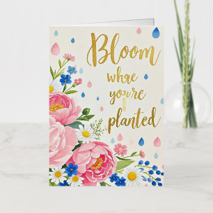 Vibrant watercolor bouquet of peonies, daisies foil greeting card