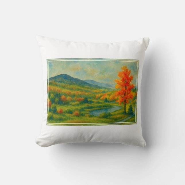 Vibrant Watercolor Catskill Mountain Range Cushion (Front)