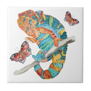 Vibrant Watercolor Chameleon Ceramic Tile