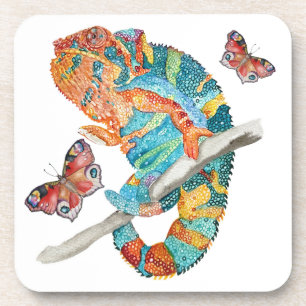 Vibrant Watercolor Chameleon Coaster