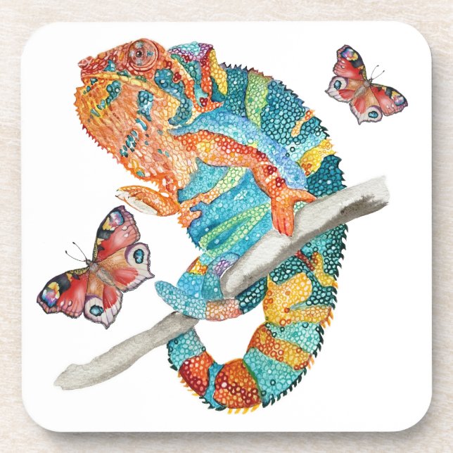 Vibrant Watercolor Chameleon  Coaster (Front)
