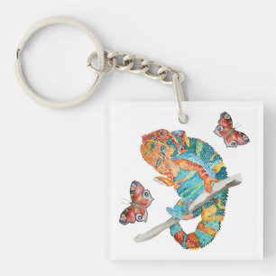 Vibrant Watercolor Chameleon Key Ring