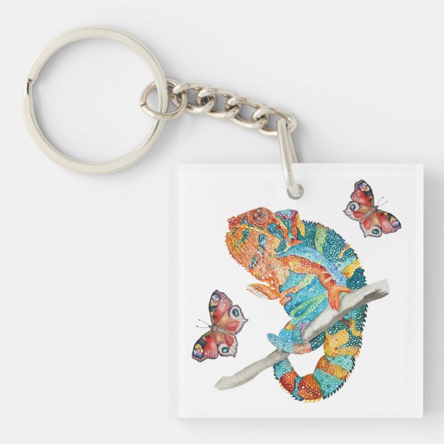 Vibrant Watercolor Chameleon  Key Ring (Front)