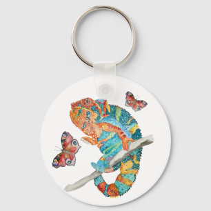 Vibrant Watercolor Chameleon Key Ring