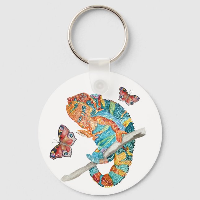 Vibrant Watercolor Chameleon  Key Ring (Front)