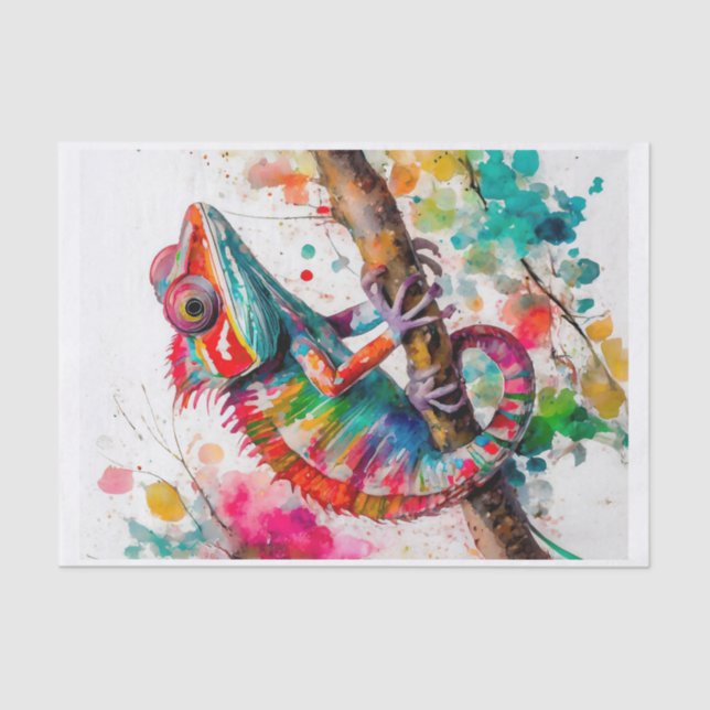 Vibrant Watercolor Chameleon – Rainbow Jungle Art  Tissue Paper (Front)