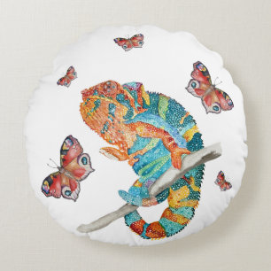Vibrant Watercolor Chameleon Round Cushion