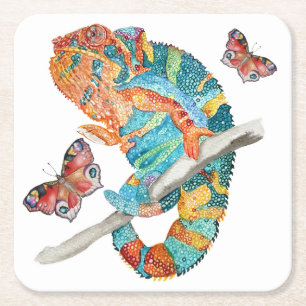 Vibrant Watercolor Chameleon Square Paper Coaster