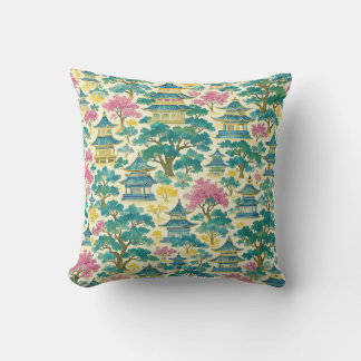 Vibrant Watercolor Chinoiserie Gold Pagoda Pattern Cushion