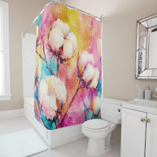 Vibrant Watercolor Cotton Flowers Geometric Style Shower Curtain