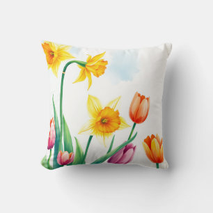 Vibrant Watercolor Daffodils and Tulips Cushion
