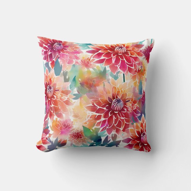 Vibrant Watercolor Dahlia Cushion (Front)
