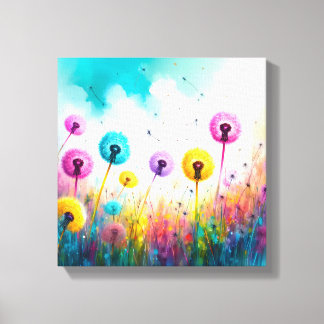 Vibrant Watercolor Dandelion Wishes | Colorful Canvas Print