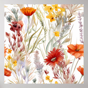 Vibrant Watercolor Desert Wildflowers Pattern Poster