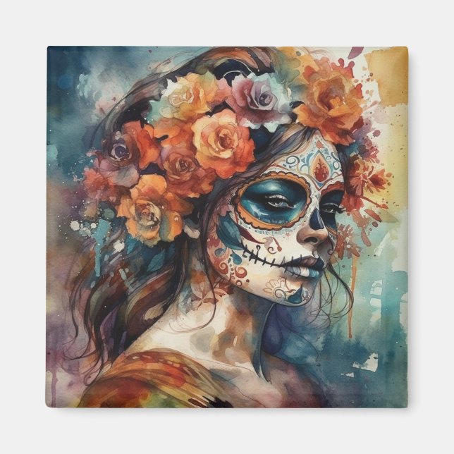 Vibrant Watercolor Dia de los Muertos Catrina Magnet (Front)