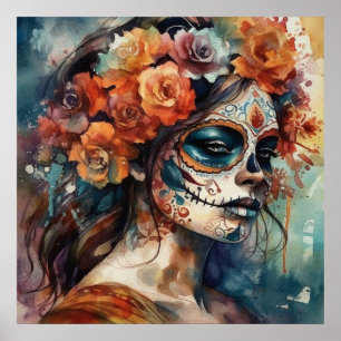 Vibrant Watercolor Dia de los Muertos Catrina Poster