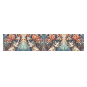 Vibrant Watercolor Dia de los Muertos Catrina Short Table Runner