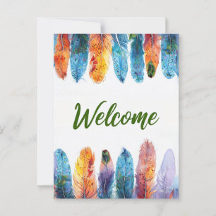 Vibrant Watercolor Feather Welcome Card Design