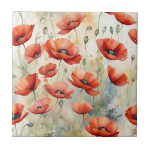 Vibrant Watercolor Field of Wild Poppies in Fiery  Ceramic Tile