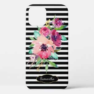 Vibrant Watercolor Floral on Stripes with Monogram iPhone 12 Pro Case