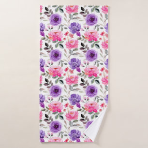 Vibrant Watercolor Floral Pattern in Pink & Purple Bath Towel Set
