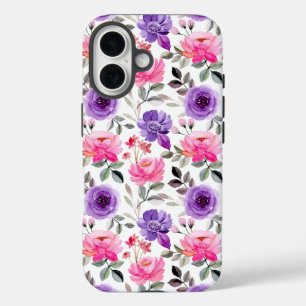 Vibrant Watercolor Floral Pattern in Pink & Purple iPhone 16 Case