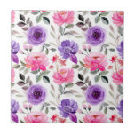 Vibrant Watercolor Floral Pattern in Pink & Purple Ceramic Tile<br><div class="desc">Watercolor floral pattern with pink,  purple,  and red flowers,  accented by green and brown leaves,  on a white background,  creating a vibrant,  lively design.</div>