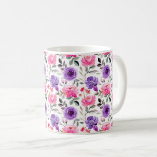 Vibrant Watercolor Floral Pattern in Pink & Purple Coffee Mug