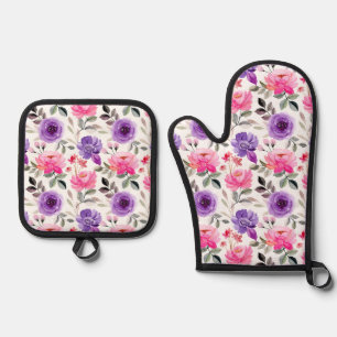 Vibrant Watercolor Floral Pattern in Pink & Purple Oven Mitt & Pot Holder Set