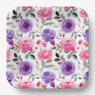 Vibrant Watercolor Floral Pattern in Pink & Purple Paper Plate