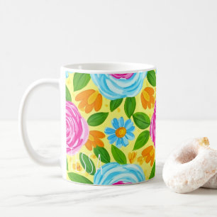 Vibrant Watercolor Floral Rose Pink and Blue Coffee Mug