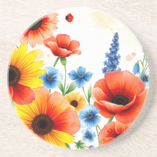 Vibrant Watercolor Flower Bouquet with Sunflowers  Coaster