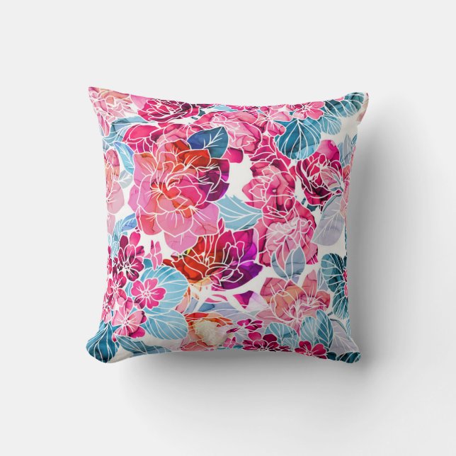 Vibrant Watercolor Flowers Pattern Cushion (Front)
