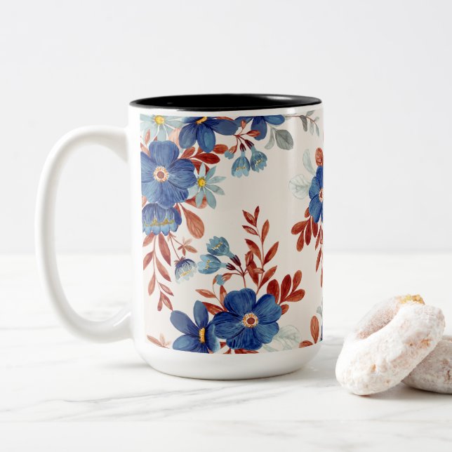 Vibrant Watercolor Flowers Two-Tone Coffee Mug (With Donut)