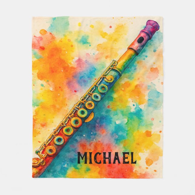 Vibrant Watercolor Flute Custom Fleece Blanket (Front)