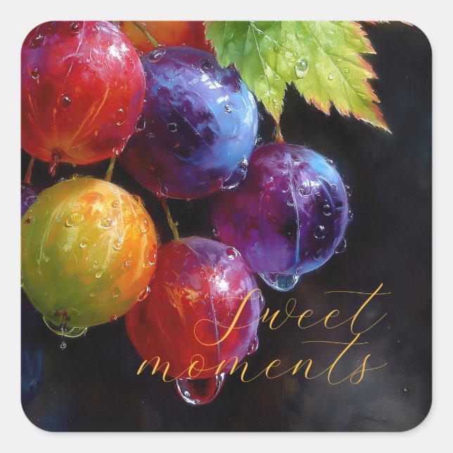 Vibrant Watercolor Grapes and Dew Drops Square Sticker (Front)