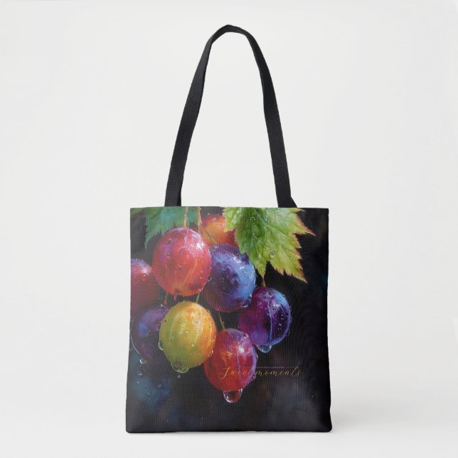 Vibrant Watercolor Grapes and Dew Drops Tote Bag (Front)