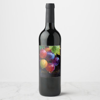 Vibrant Watercolor Grapes and Dew Drops Wine Label