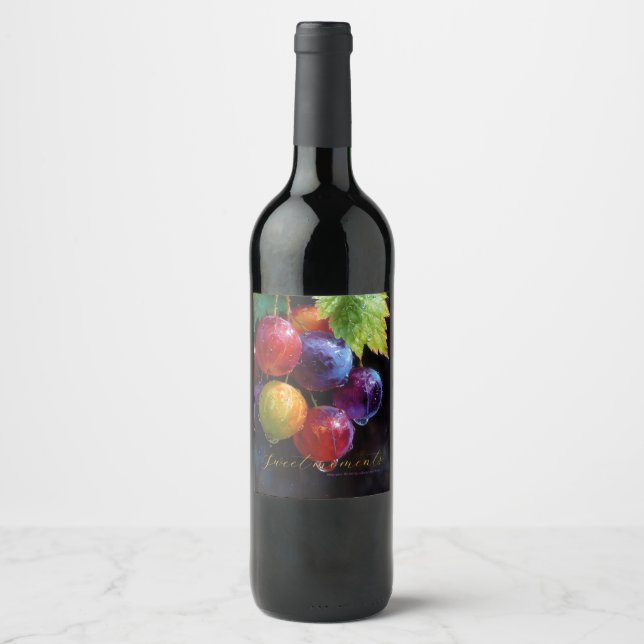 Vibrant Watercolor Grapes and Dew Drops Wine Label (Front)