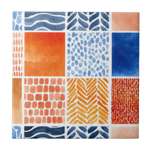 Vibrant Watercolor Grid Pattern in Blue & Orange Ceramic Tile