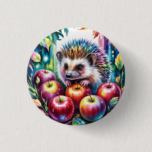 Vibrant Watercolor Hedgehog with Autumn Apples 3 Cm Round Badge