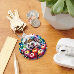 Vibrant Watercolor Hedgehog with Autumn Apples Key Ring