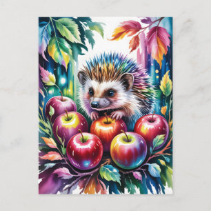 Vibrant Watercolor Hedgehog with Autumn Apples Postcard